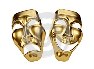 Golden Drama and Comedy Masks on White. Clipping path