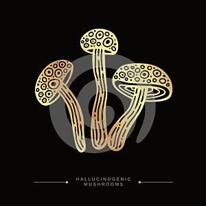 Golden drawing sticker of psilocybin mushrooms. A group of three golden toxic magical hallucinogenic mushrooms. Hand drawn