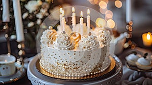 Golden Dreams: Indulgent White and Gold Cake with Candles and Gifts - Perfect for Birthdays or Weddings!