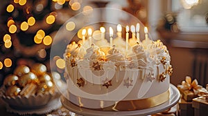 Golden Dreams: Indulgent White and Gold Cake with Candles and Gifts - Perfect for Birthdays or Weddings!