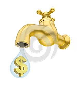 Golden Dripping Tap with Drop Dolar Sign Isolated photo
