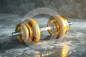 A golden dumbbell on empty concrete floor at gym. Concept of success