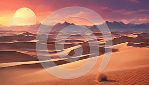 Golden Dunes: An Enchanting Desert Panorama with Vibrant Sunset and Majestic Mountains, Generative AI photo