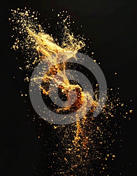 Golden Dust Exploding in Dark Background Creating Abstract Cloud Formation