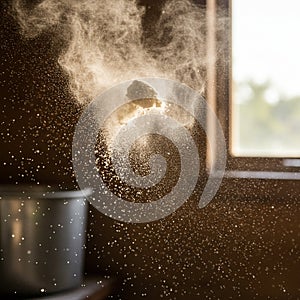 Golden dust particles are illuminated by sunlight streaming through a window,