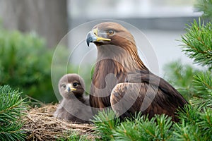 Golden eagle and eaglet sitting in a nest