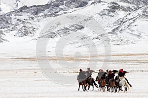 Golden eagle festival in winter snowy Mongolia