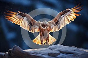 golden eagle with outstretched wings in alpine glow