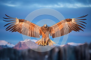 golden eagle with outstretched wings in alpine glow