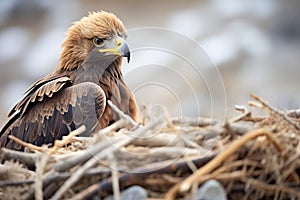 golden eagle perched near its nest with hatchlings