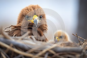 golden eagle perched near its nest with hatchlings