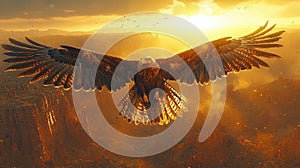 Golden Eagle Soaring Through Sunset Sky