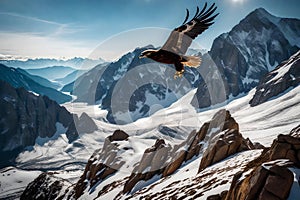 A golden eagles soaring high above rugged mountain peaks, their keen eyes scanning the vast wilderness below