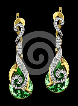 Golden earrings with diamonds and gem