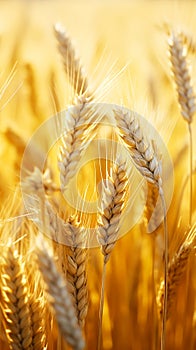 Golden ears of ripe wheat in rays of sunset, vertical format