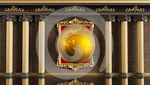 Golden earth globe on classic columns background, gold globe on red and gold frame,