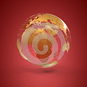 Golden earth globe metallic finish red background