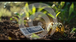 Golden Earth and Solar Panel in Soil with Green Plant Sprout photo