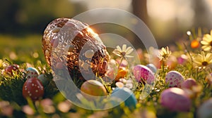 Golden Easter Egg Among Colorful Eggs In Grass