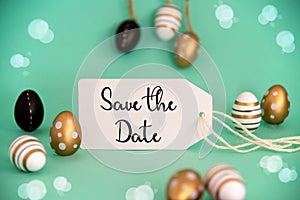 Golden Easter Egg Decoration. Label With English Text Save The Date