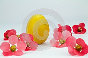 Golden easter egg between pink flowers