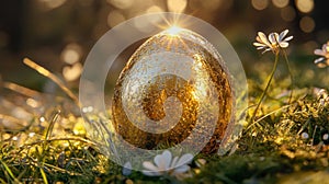 Golden Easter Egg Rests In Springtime Grass