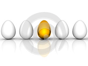 Golden easter egg among similar white eggs