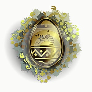 Golden easter egg and wreath of leaves