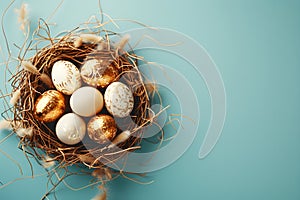 Golden Easter eggs in bird nest on pastel blue background. Happy Easter concept