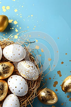 Golden Easter eggs in bird nest on pastel blue background. Happy Easter concept