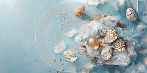 Golden Easter eggs in bird nest on pastel blue background. Happy Easter concept