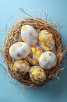 Golden Easter eggs in bird nest on pastel blue background. Happy Easter concept