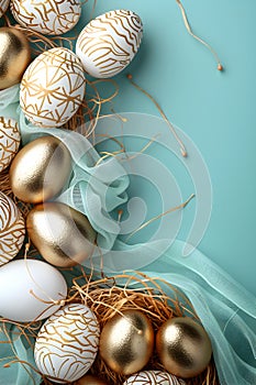 Golden Easter eggs in bird nest on pastel blue background. Happy Easter concept