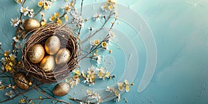 Golden Easter eggs in bird nest on pastel blue background. Happy Easter concept