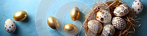 Golden Easter eggs in bird nest on pastel blue background. Happy Easter concept