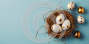 Golden Easter eggs in bird nest on pastel blue background. Happy Easter concept