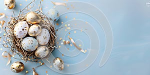 Golden Easter eggs in bird nest on pastel blue background. Happy Easter concept