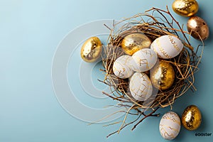 Golden Easter eggs in bird nest on pastel blue background. Happy Easter concept