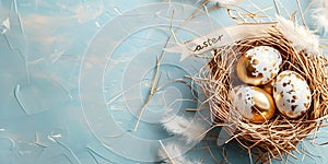 Golden Easter eggs in bird nest on pastel blue background. Happy Easter concept