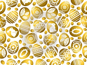 Golden Easter eggs decorated with flowers, leafs and rabbits over white background. Seamless pattern. Easter repeatable holidays
