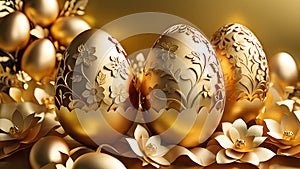 Golden Easter eggs decorated with paper flowers.