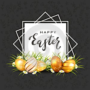 Golden Easter Eggs in Grass on Black Background