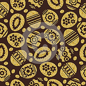 Golden Easter eggs isolated on brown background. Gold Easter Eggs decorated with flowers. Seamless pattern