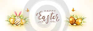 Golden Easter Eggs and Rabbit in Grass on White Banner