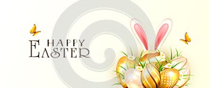 Golden Easter Eggs and Rabbit on White Background