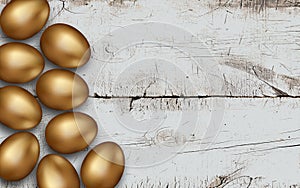 Golden Easter eggs on a white wooden table. Close up of gold easter eggs on wooden background. Rustic white background. Invitation