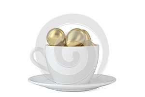 Golden egg and coffee cup on white background. 3D rendering. 3D illustration