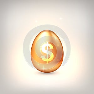 Golden egg with golden dollar symbol. The concept of financial success of business or wealth, profitable investments, venture