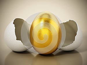 Golden egg inside regular white egg shell. 3D illustration