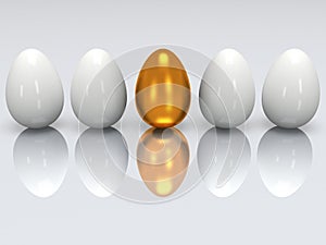 Golden egg in a row of the white eggs. 3D.